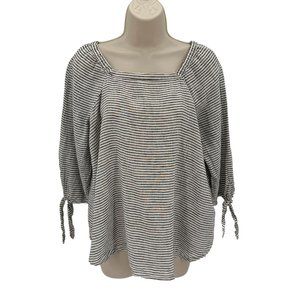 Liz Claiborne Womens Black White Striped Linen Blend 3/4 Sleeve Blouse Size PM